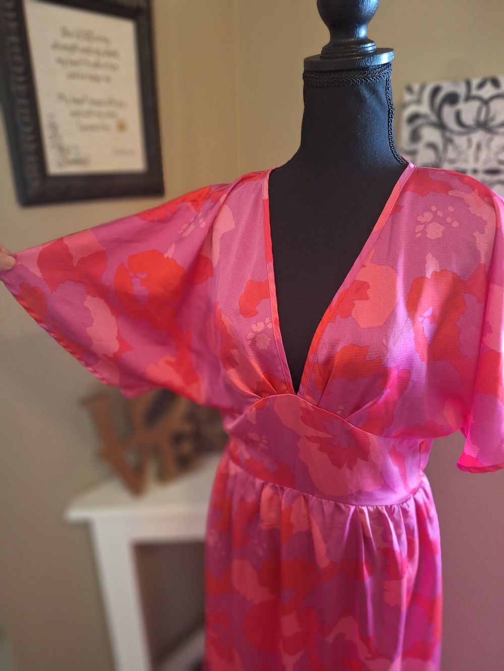 Pink Floral Satin Feel Japaneese Vibes Kimono Sleeve Maxi Dress M